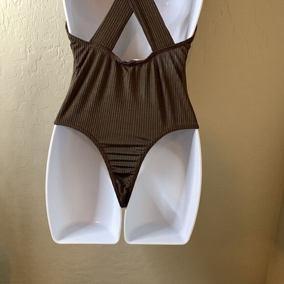 nasty gal brown ribbed silky bodysuit crisscross straps in back - Picture 5 of 7